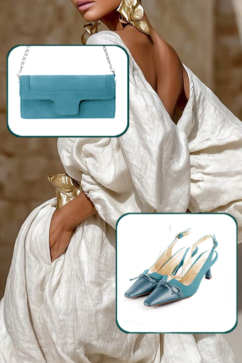 Dress slingback bow heels in peacock blue leather with medium spool heels and tapered toe - Top view